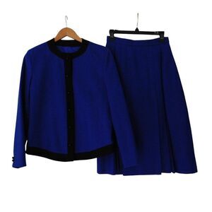 Vtg Karen Ellis Royal Blue Wool Vintage Blazer & Midi Skirt Suit Pleated Lined